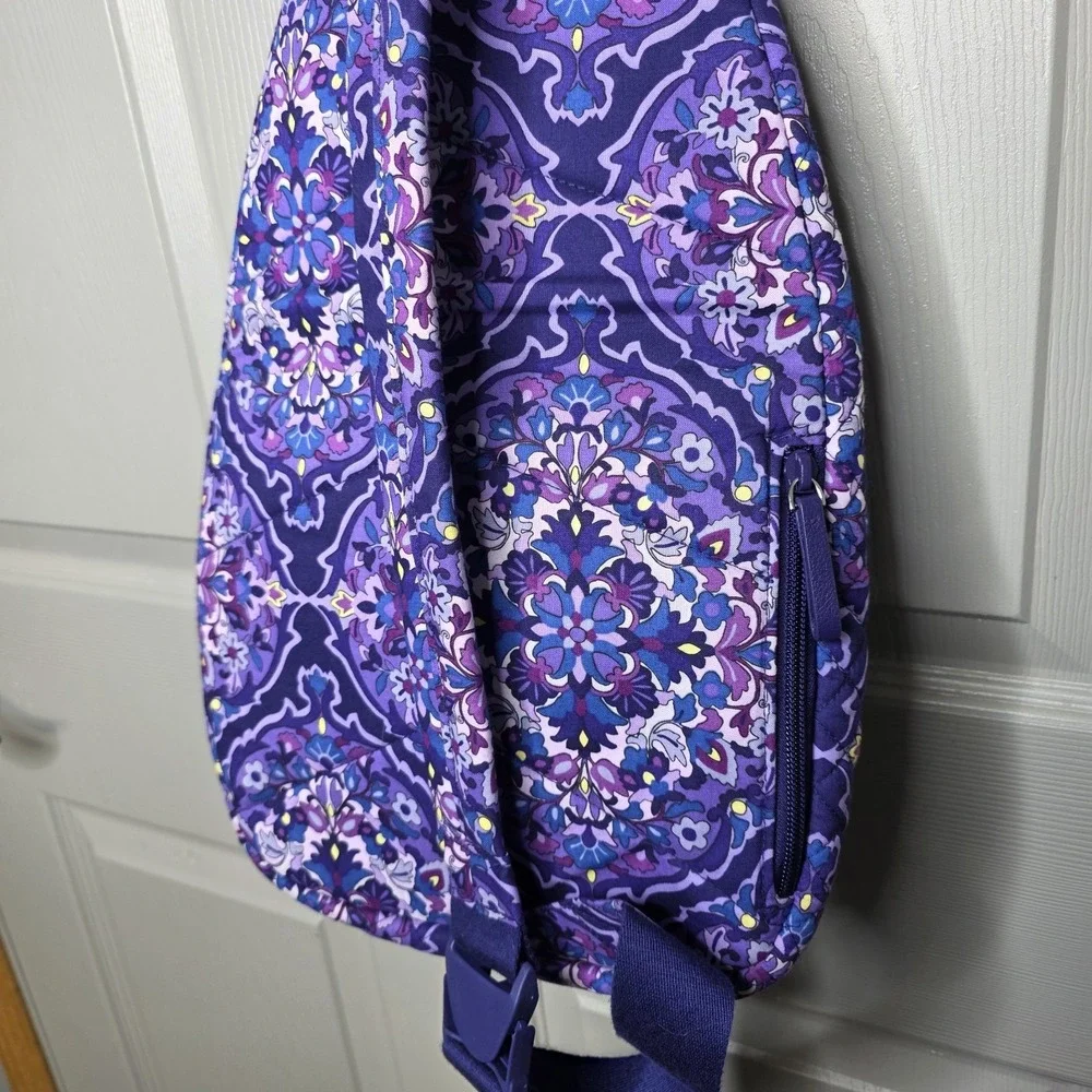 NWOT Vera Bradley Plaid Sling Backpack Purple Plum Paisley Adjustable Strap